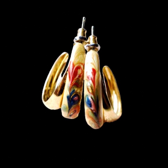 💞💗 Vintage Double Hoop Gold Plated Earrings With Coloured Print Enamel Design - Picture 6 of 8